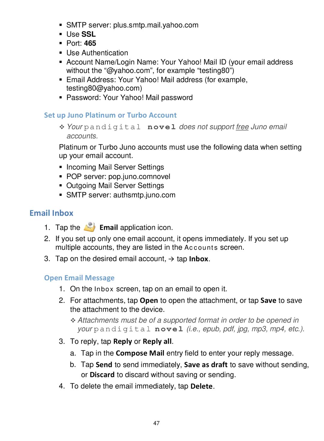 Pandigital R7T40WWHF1 manual Email Inbox, Set up Juno Platinum or Turbo Account, Open Email Message 