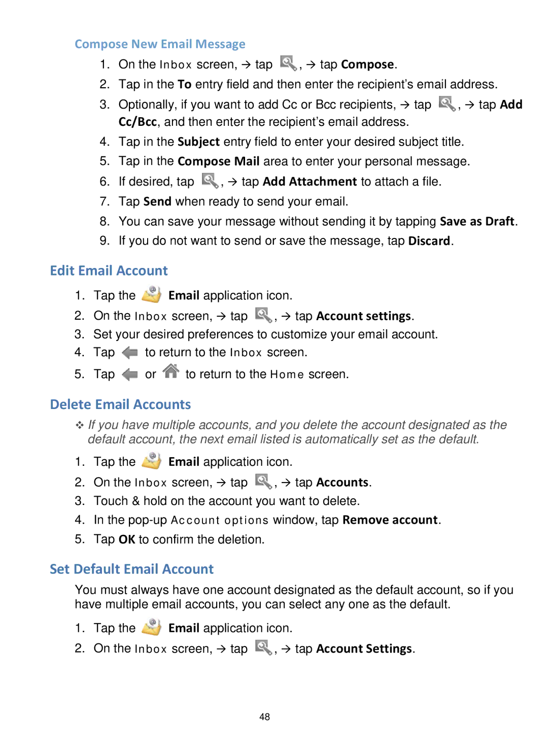 Pandigital R7T40WWHF1 Edit Email Account, Delete Email Accounts, Set Default Email Account, Compose New Email Message 