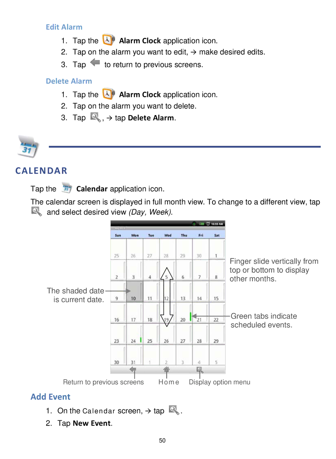 Pandigital R7T40WWHF1 manual Calendar, Add Event, Edit Alarm, Delete Alarm 