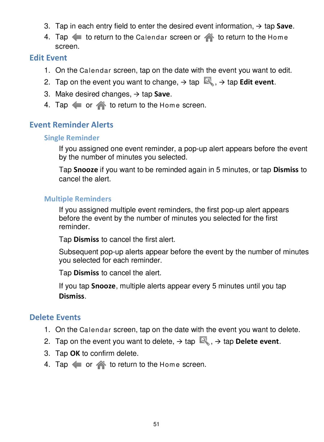 Pandigital R7T40WWHF1 manual Edit Event, Event Reminder Alerts, Delete Events, Single Reminder, Multiple Reminders 