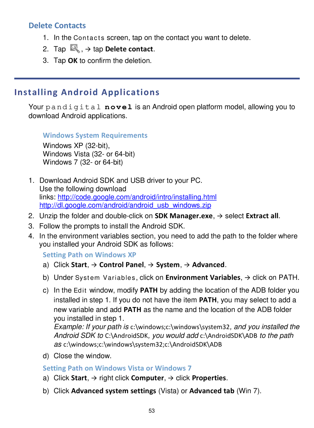 Pandigital R7T40WWHF1 manual Installing Android Applications, Delete Contacts, Windows System Requirements 