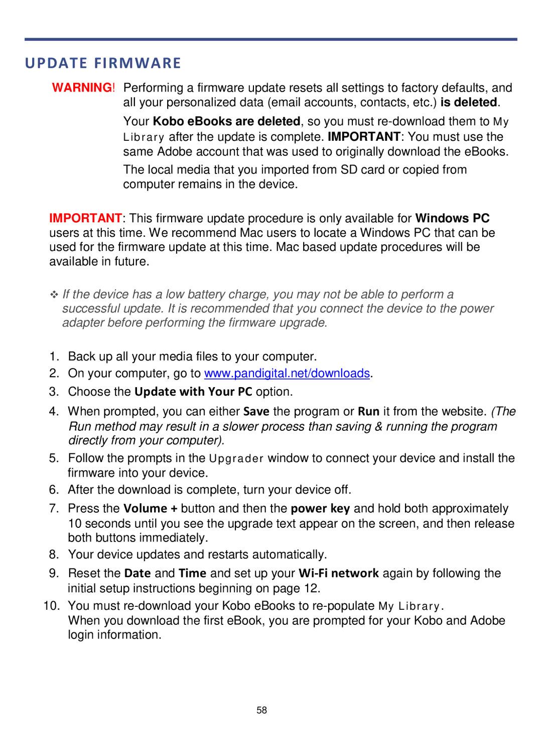 Pandigital R7T40WWHF1 manual Update Firmware, Choose the Update with Your PC option 