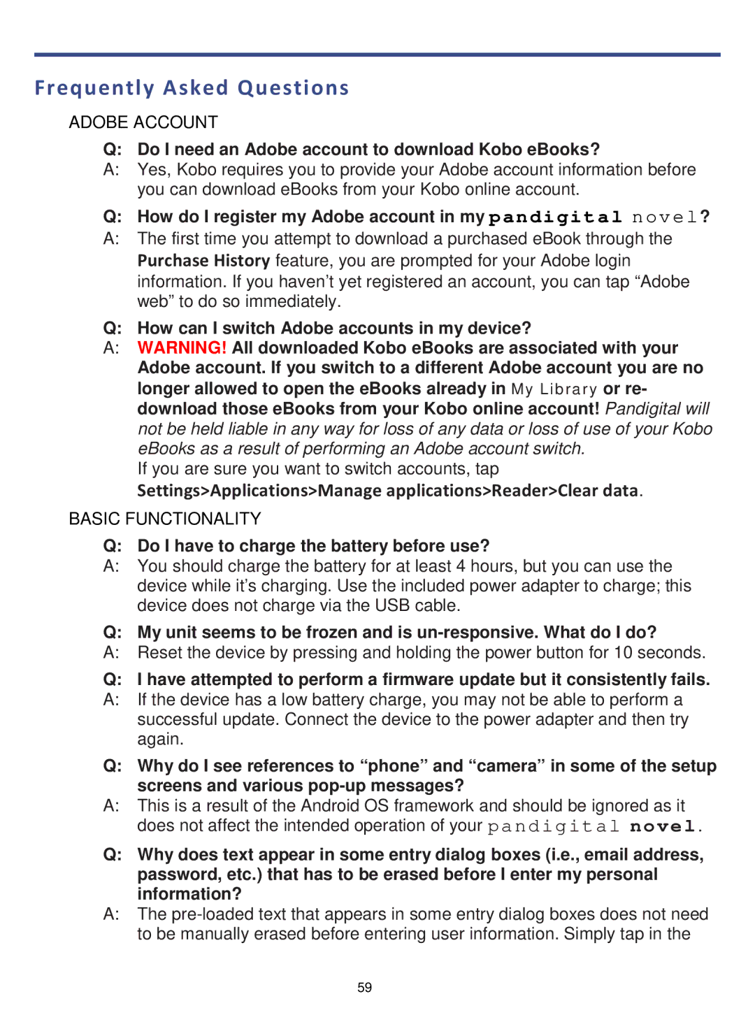 Pandigital R7T40WWHF1 manual Frequently Asked Questions, Do I need an Adobe account to download Kobo eBooks? 