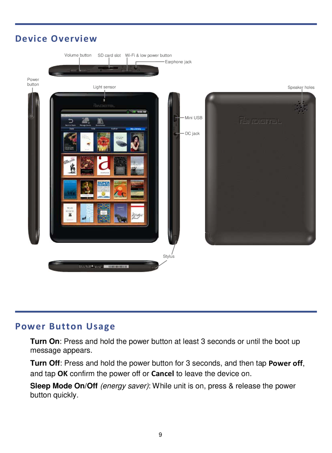 Pandigital R7T40WWHF1 manual Device Overview, Power Button Usage 