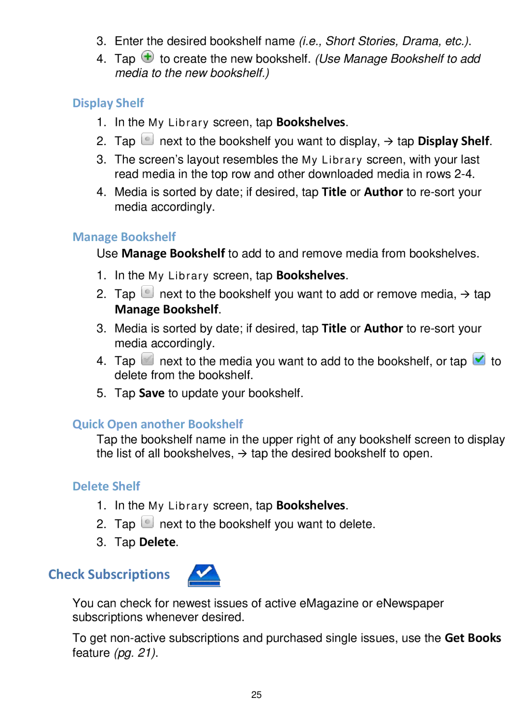 Pandigital V2.6 manual Check Subscriptions, Display Shelf, Manage Bookshelf, Quick Open another Bookshelf, Delete Shelf 