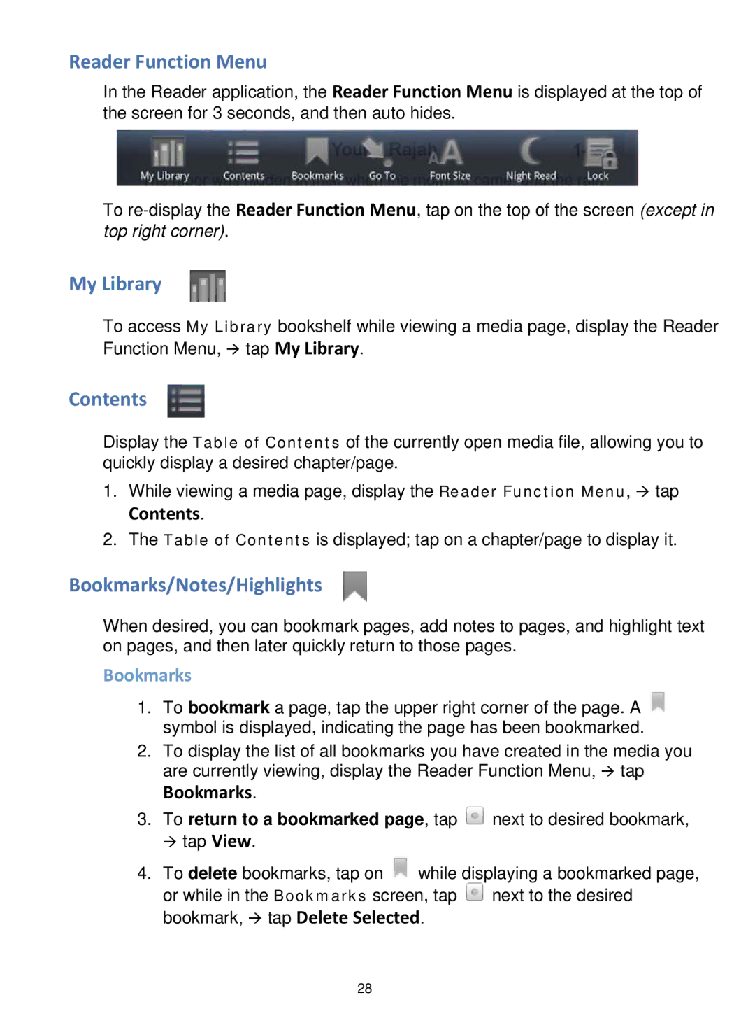 Pandigital V2.6 manual Reader Function Menu, My Library, Contents, Bookmarks/Notes/Highlights 