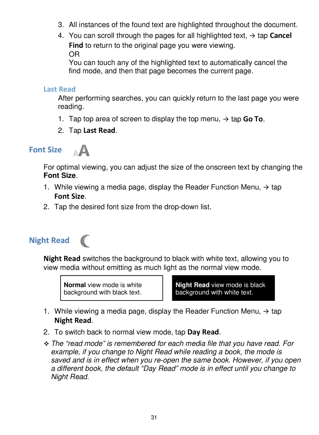 Pandigital V2.6 manual Font Size, Night Read, Last Read 