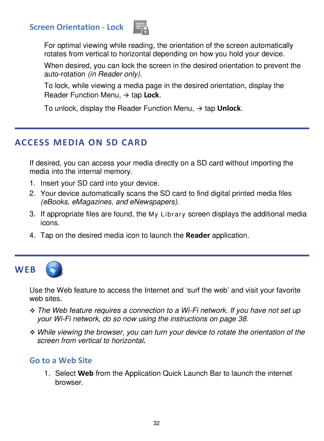 Pandigital V2.6 manual Access Media on SD Card, Screen Orientation Lock, Go to a Web Site 