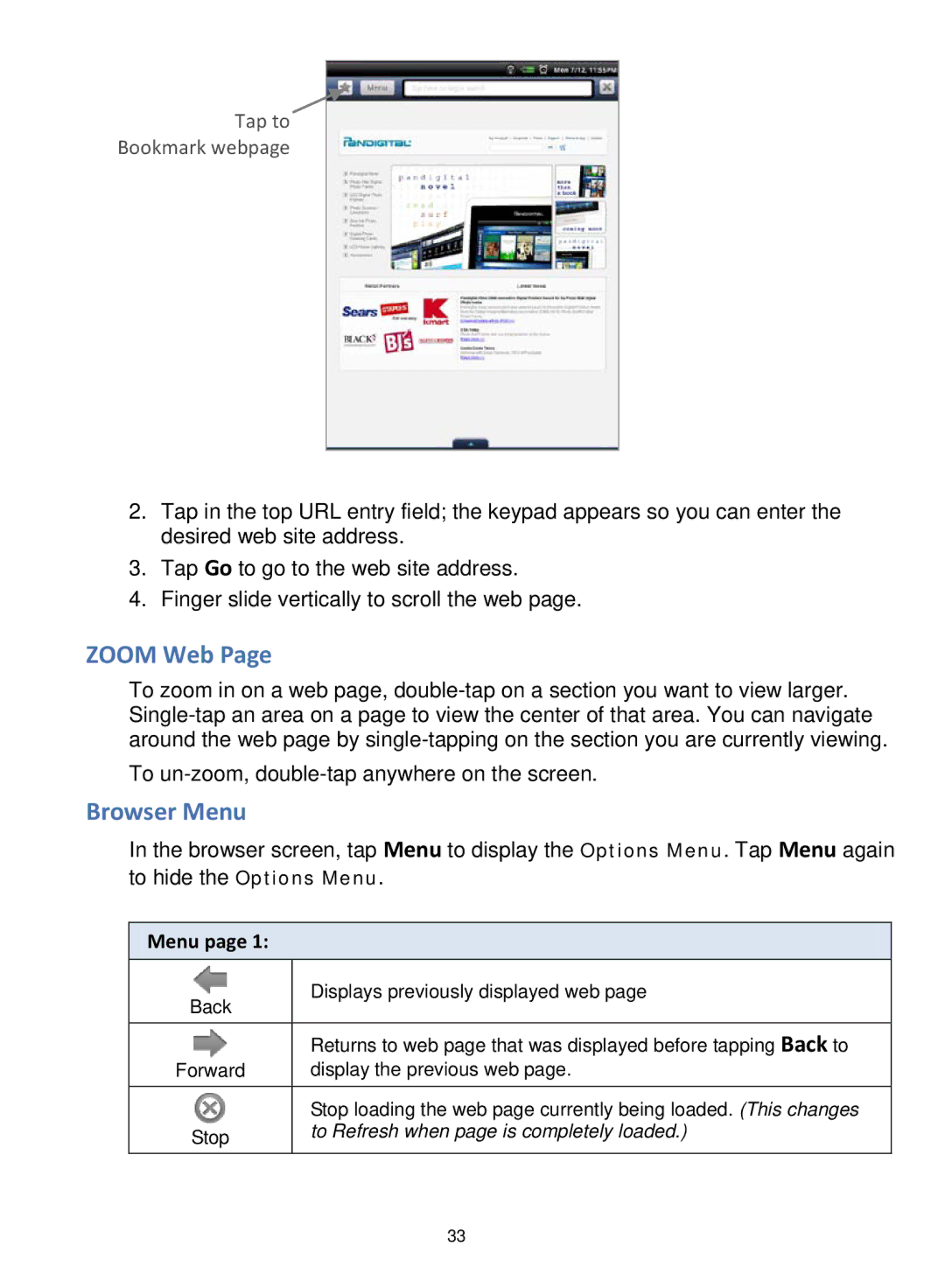 Pandigital V2.6 manual Zoom Web, Browser Menu 