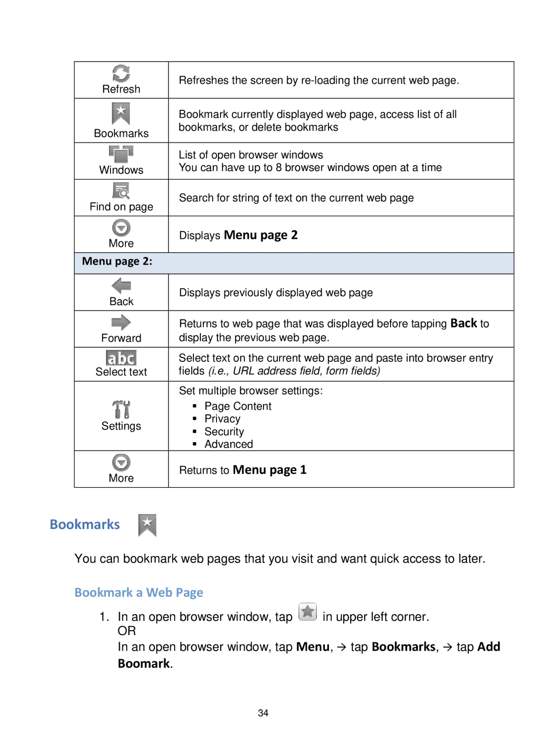 Pandigital V2.6 manual Bookmarks, Displays Menu, Bookmark a Web 