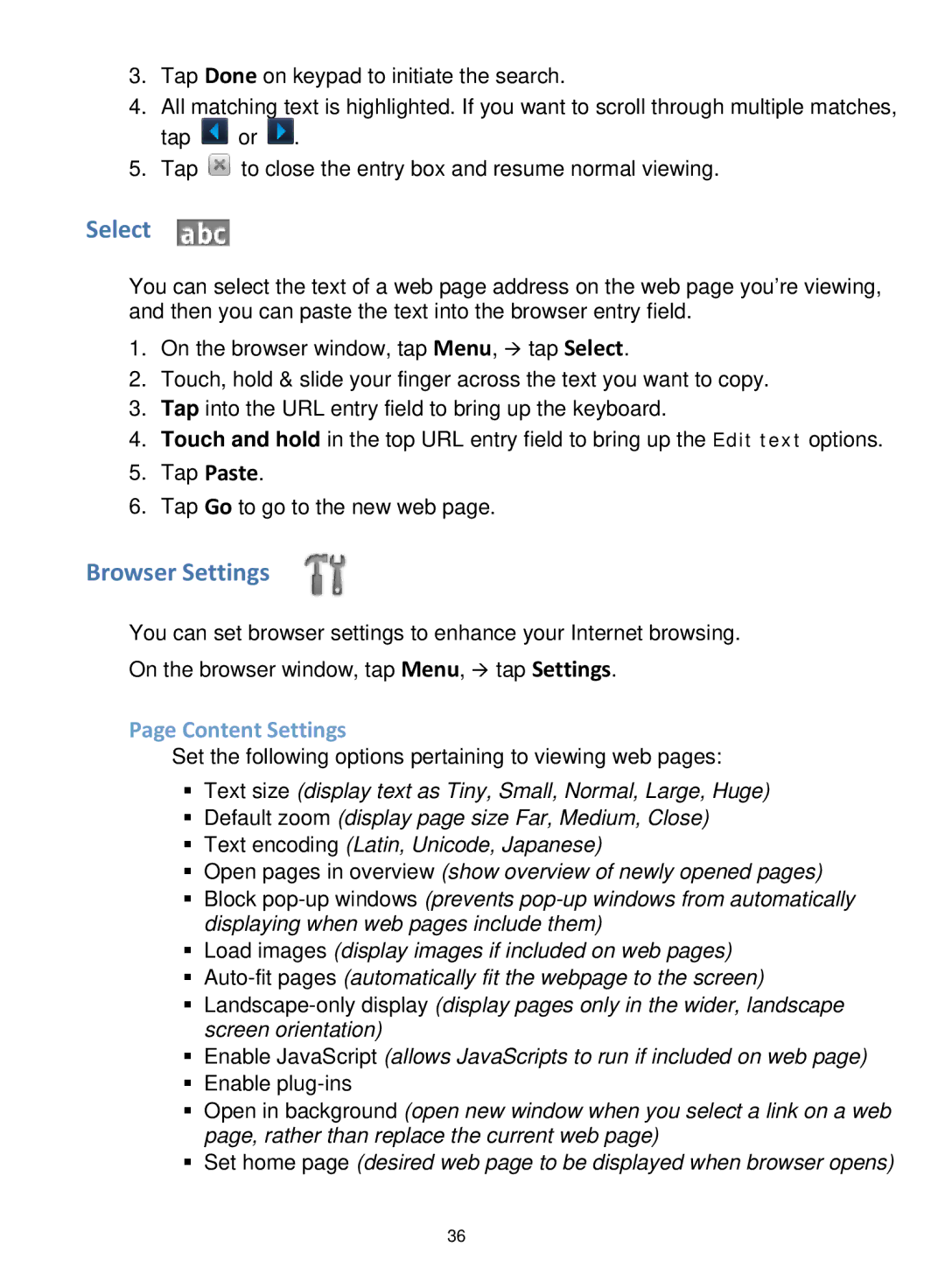 Pandigital V2.6 manual Select, Browser Settings, Content Settings 