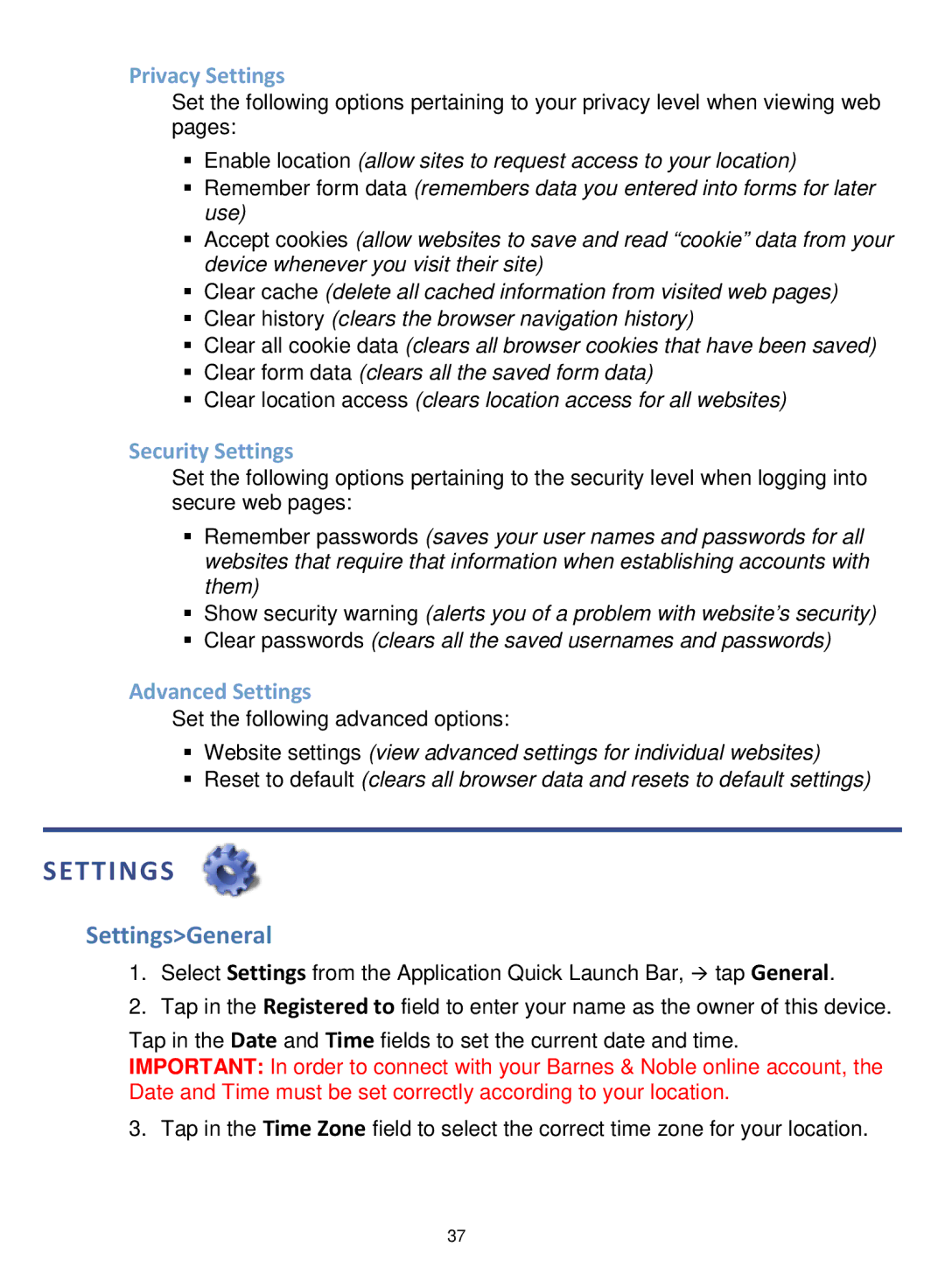 Pandigital V2.6 manual SettingsGeneral, Privacy Settings, Security Settings, Advanced Settings 