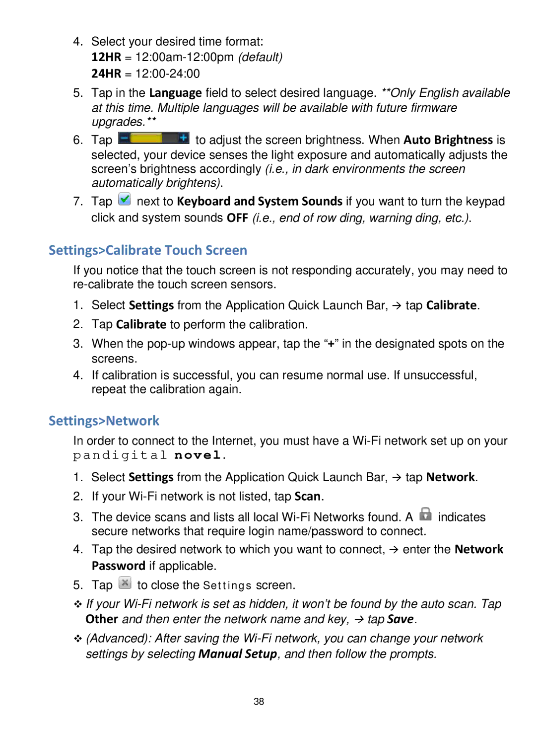 Pandigital V2.6 manual SettingsCalibrate Touch Screen, SettingsNetwork 