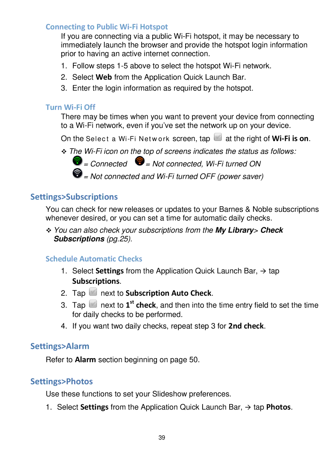 Pandigital V2.6 manual SettingsSubscriptions, SettingsAlarm, SettingsPhotos 