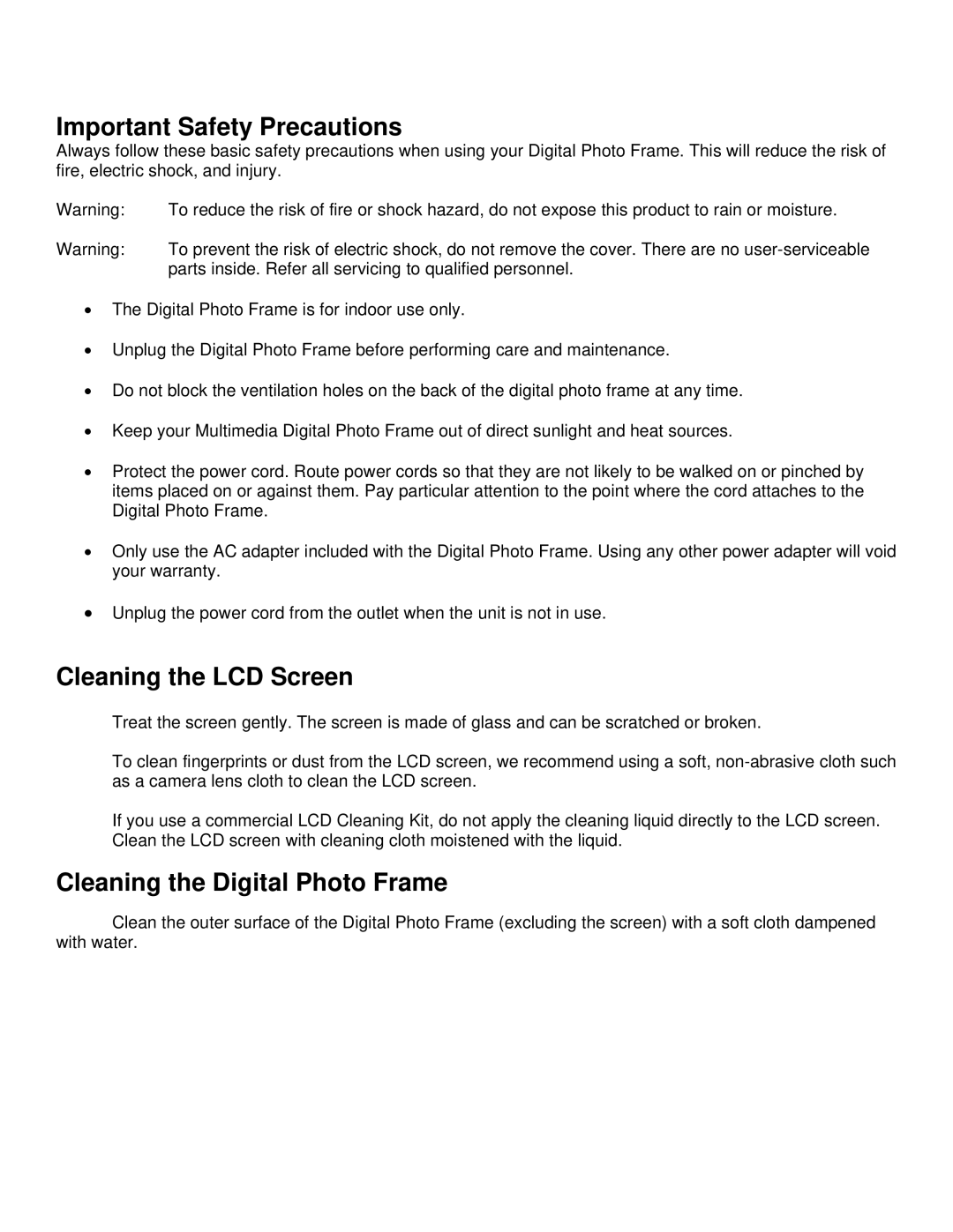 Pandigital Version: PAN.1 manual Important Safety Precautions, Cleaning the LCD Screen, Cleaning the Digital Photo Frame 