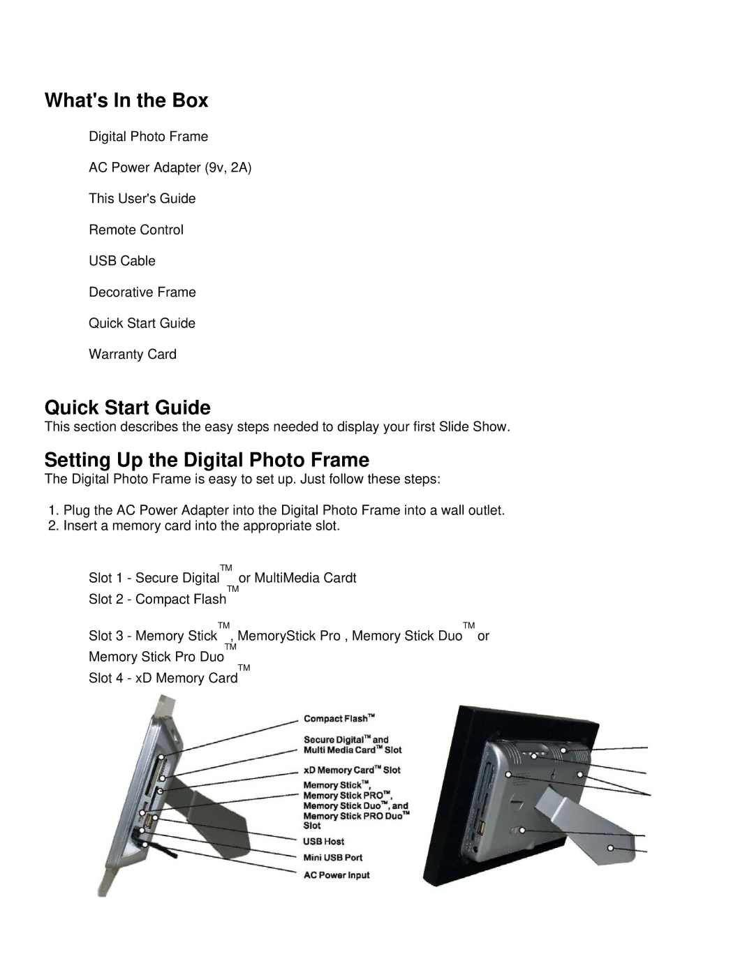 Pandigital Version: PAN.1 manual Whats In the Box, Quick Start Guide, Setting Up the Digital Photo Frame 