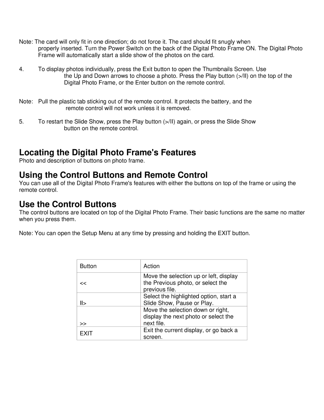 Pandigital Version: PAN.1 manual Locating the Digital Photo Frames Features, Using the Control Buttons and Remote Control 