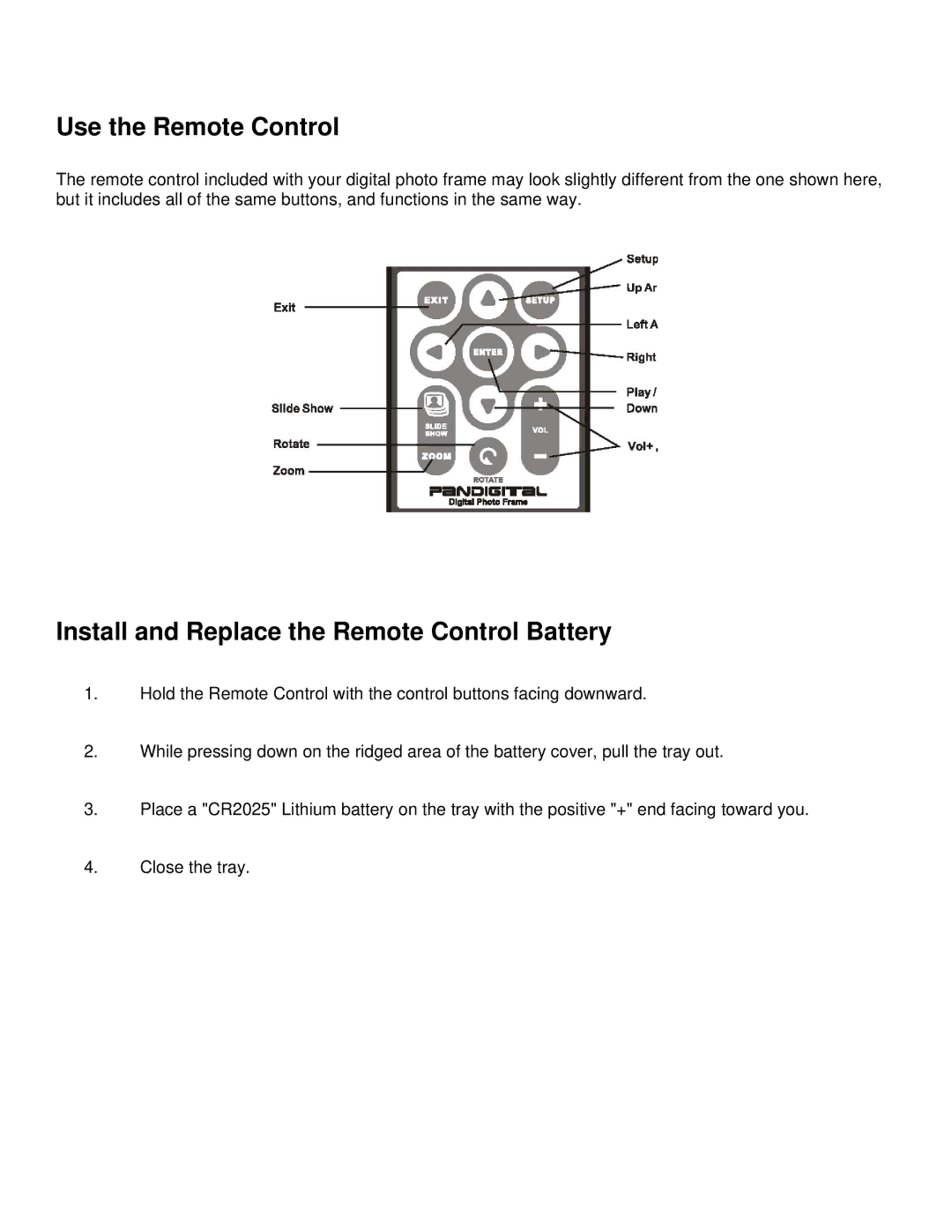 Pandigital Version: PAN.1 manual Use the Remote Control, Install and Replace the Remote Control Battery 