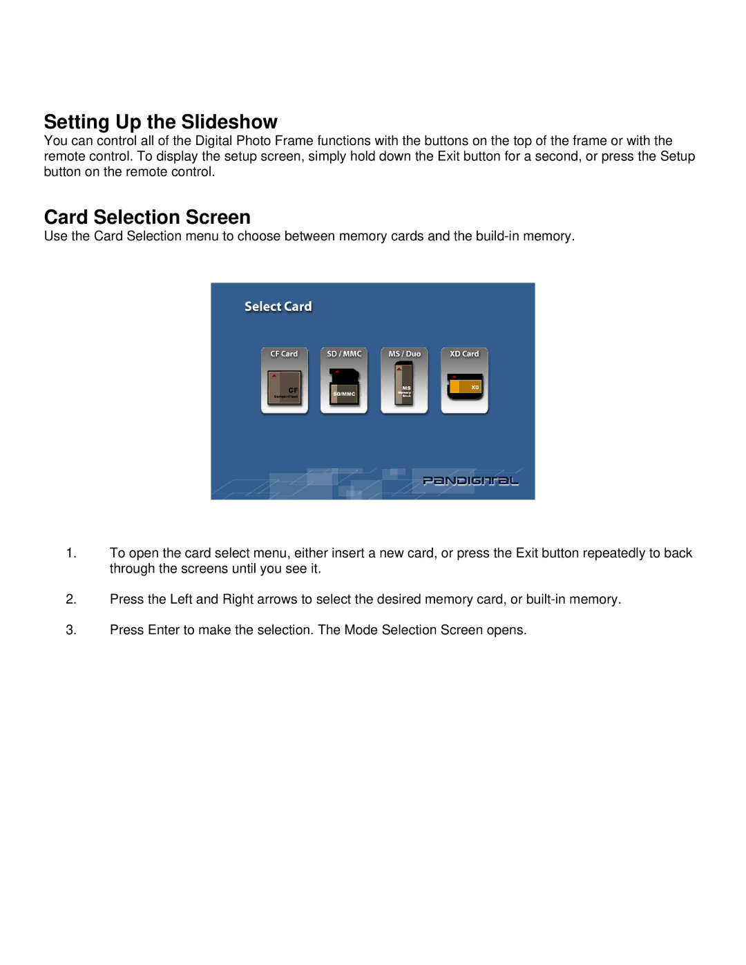 Pandigital Version: PAN.1 manual Setting Up the Slideshow, Card Selection Screen 