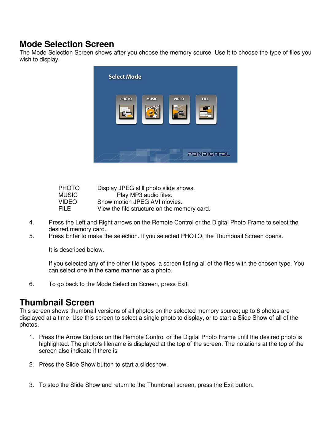 Pandigital Version: PAN.1 manual Mode Selection Screen, Thumbnail Screen 