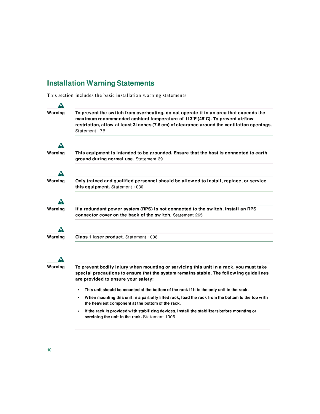 Panduit Catalyst 3550 warranty Installation Warning Statements 