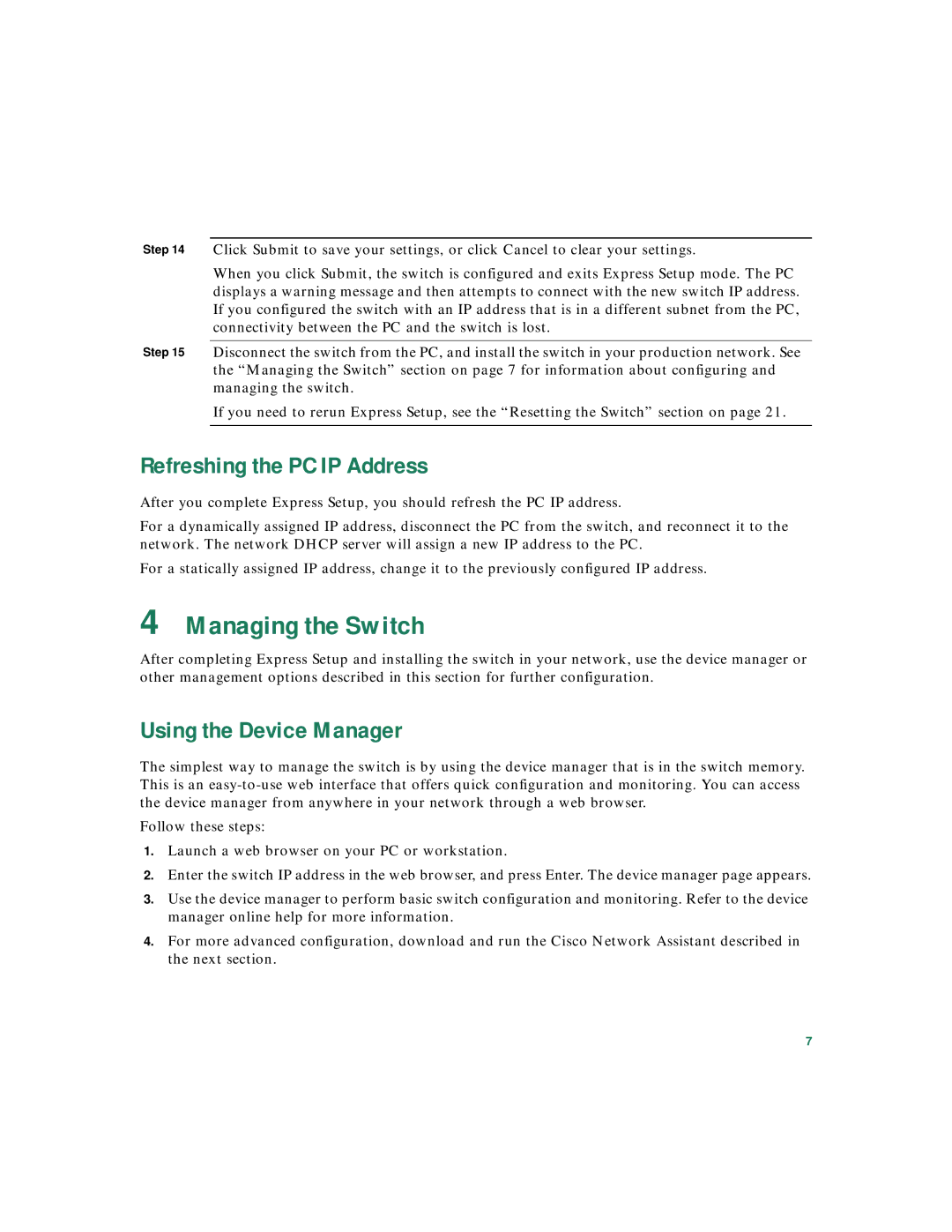 Panduit Catalyst 3550 warranty Managing the Switch, Refreshing the PC IP Address, Using the Device Manager 