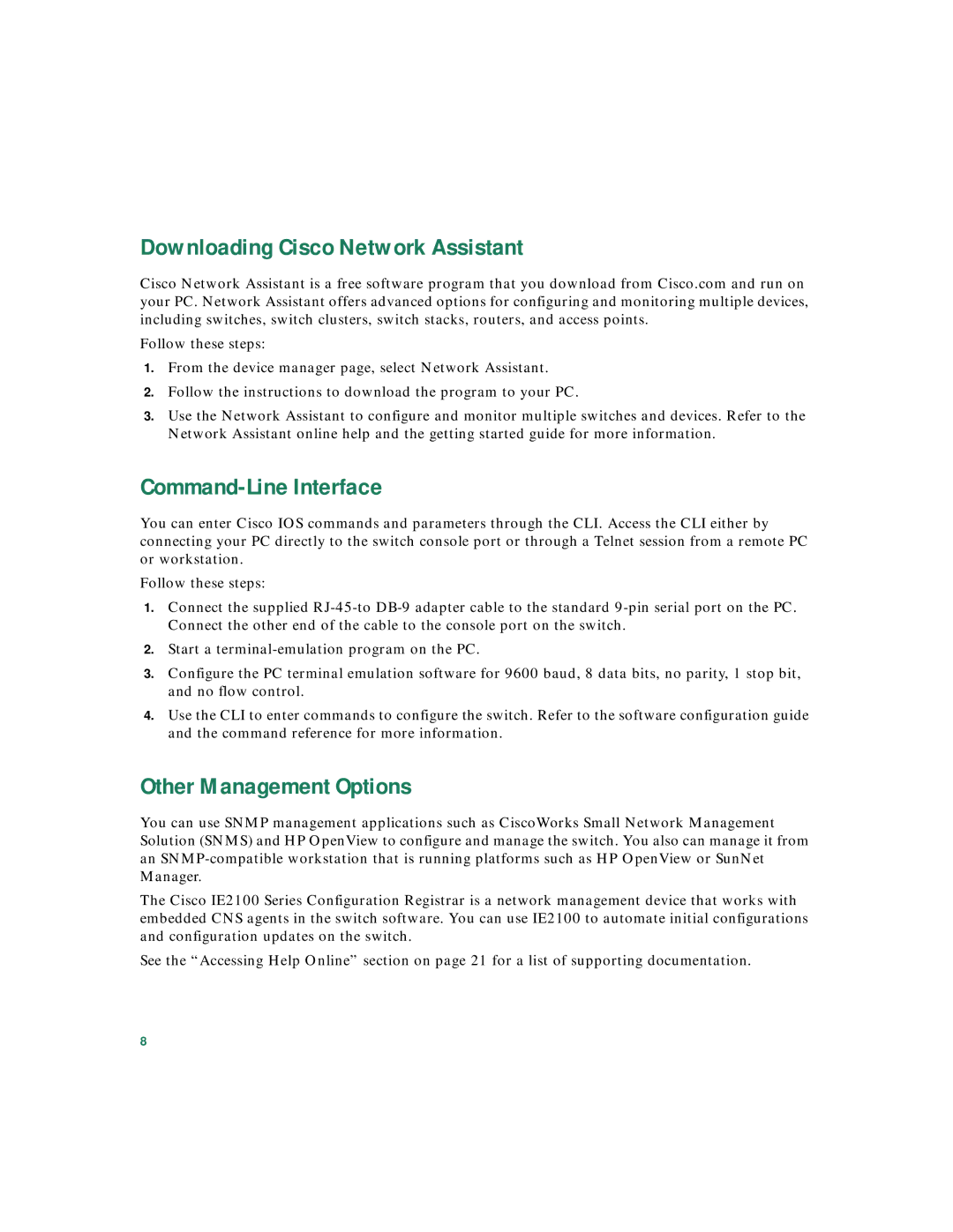 Panduit Catalyst 3550 warranty Downloading Cisco Network Assistant, Command-Line Interface, Other Management Options 