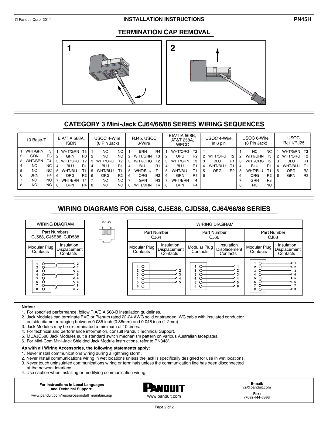 Panduit CJ66UIGY installation instructions Termination CAP Removal, Category 3 Mini-Jack CJ64/66/88 Series Wiring Sequences 