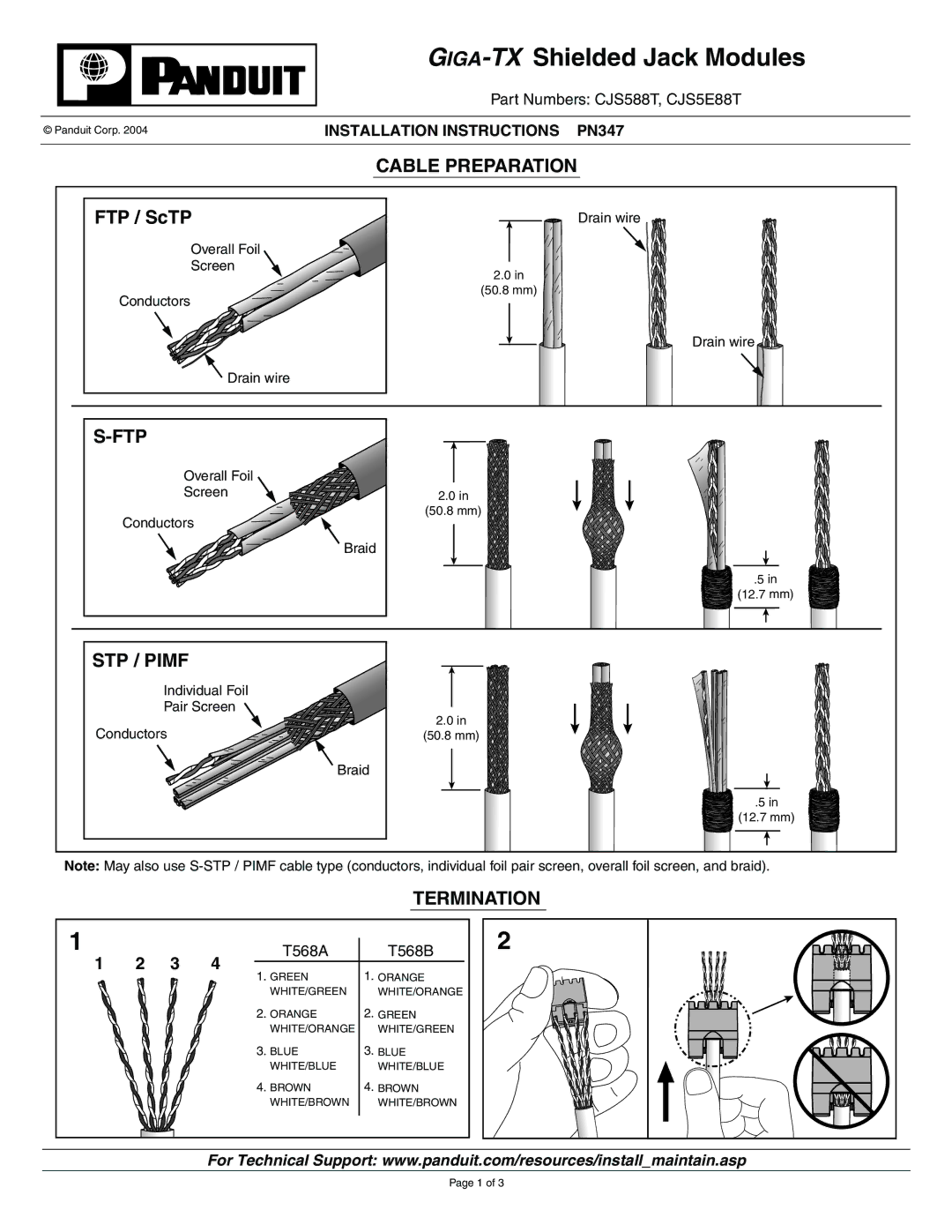 Panduit CJS5E88T installation instructions GIGA-TXShielded Jack Modules, Cable Preparation, Ftp, STP / Pimf, Termination 