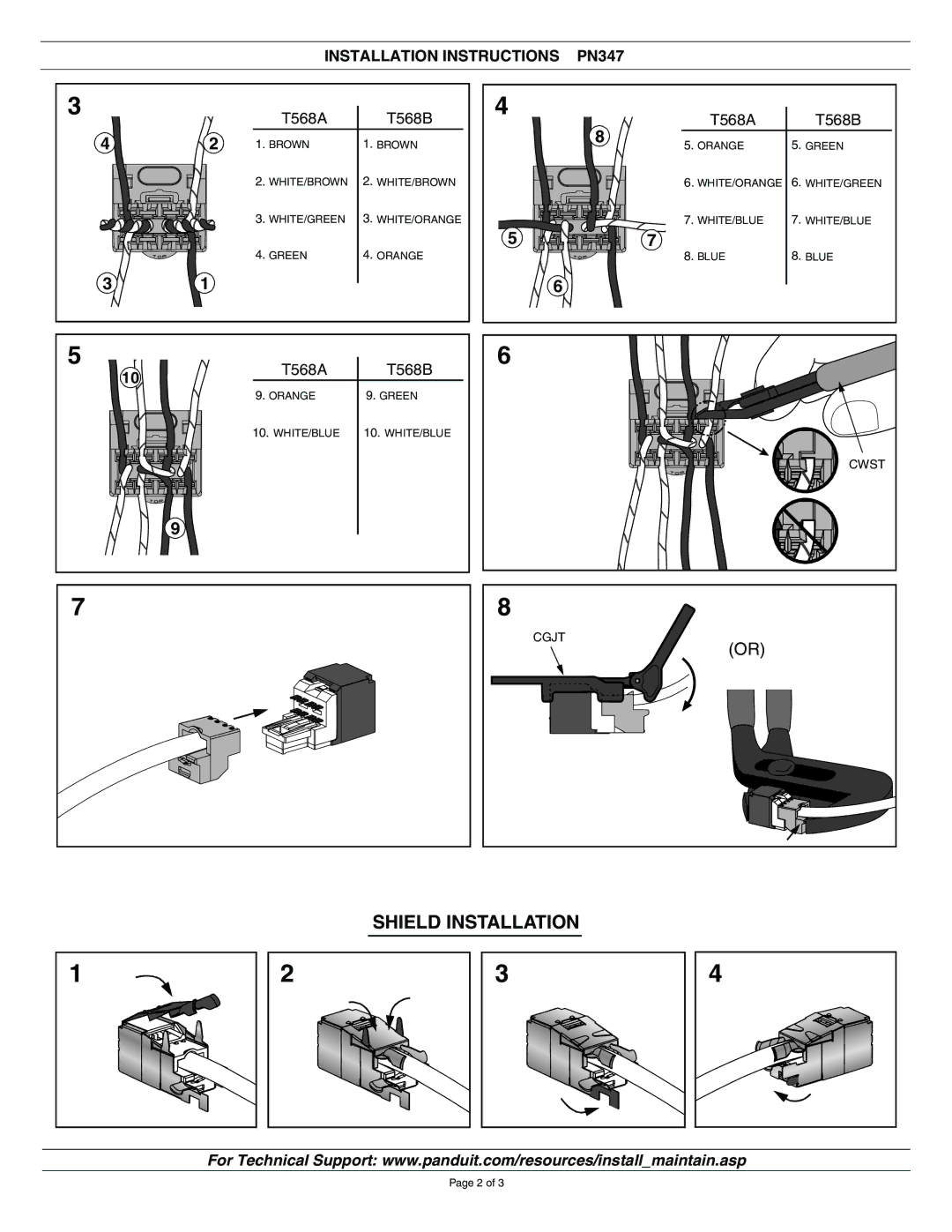 Panduit CJS588T, CJS5E88T installation instructions Shield Installation, Installation Instructions, PN347 