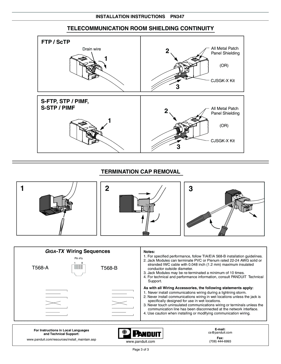 Panduit CJS5E88T, CJS588T Telecommunication Room Shielding Continuity, FTP, STP / Pimf, Termination CAP Removal 
