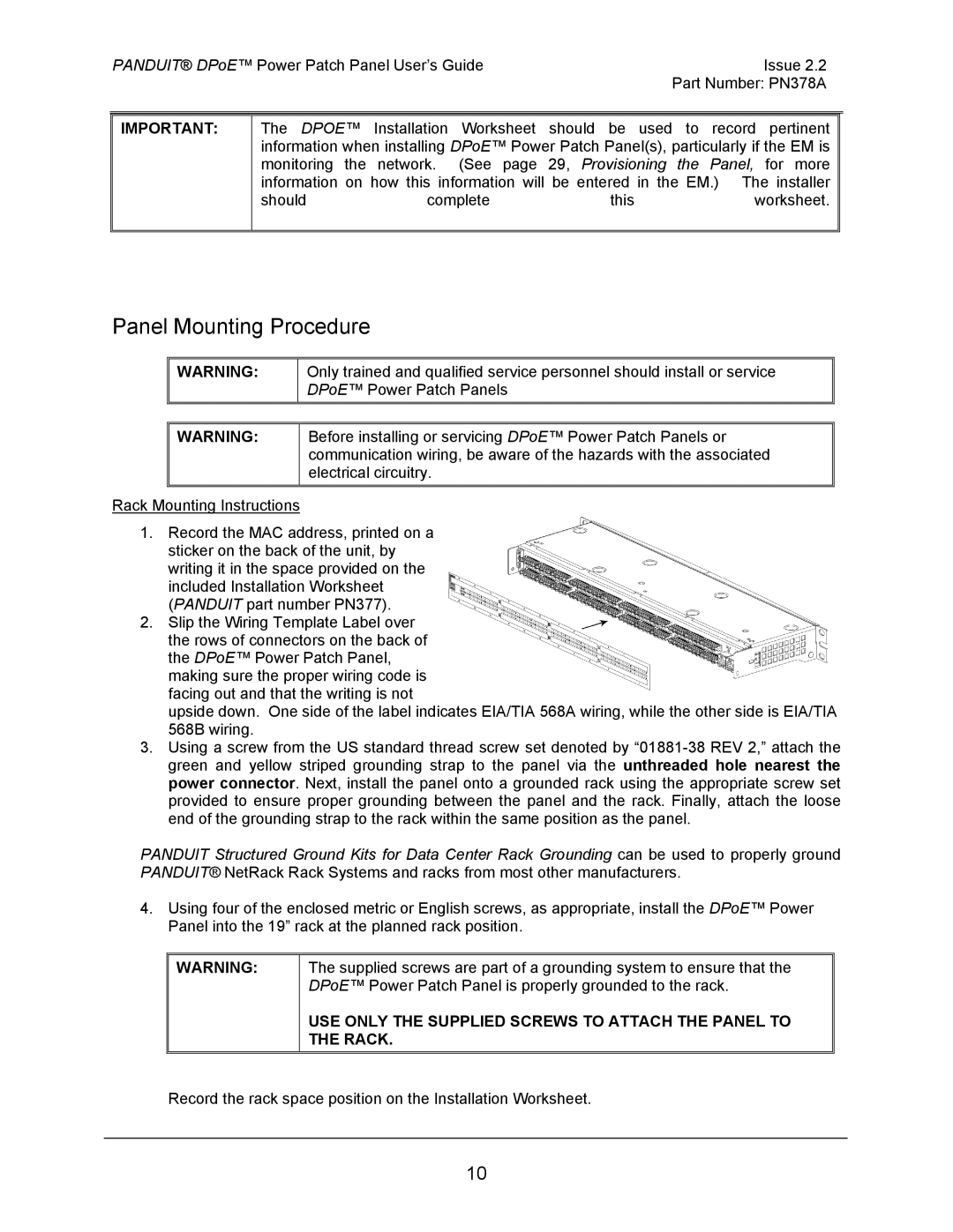 Panduit DPOE24S1XY, DPOE12U1XY, DPOE24U1XY manual Panel Mounting Procedure 