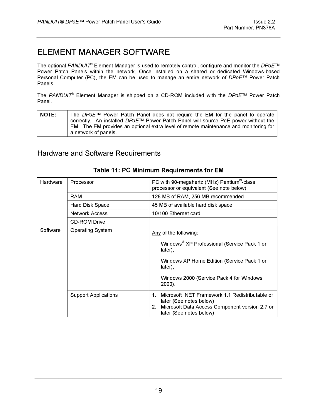 Panduit DPOE12U1XY, DPOE24S1XY, DPOE24U1XY manual Hardware and Software Requirements, PC Minimum Requirements for EM 