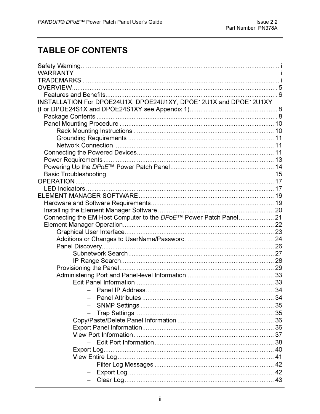 Panduit DPOE24U1XY, DPOE24S1XY, DPOE12U1XY manual Table of Contents 