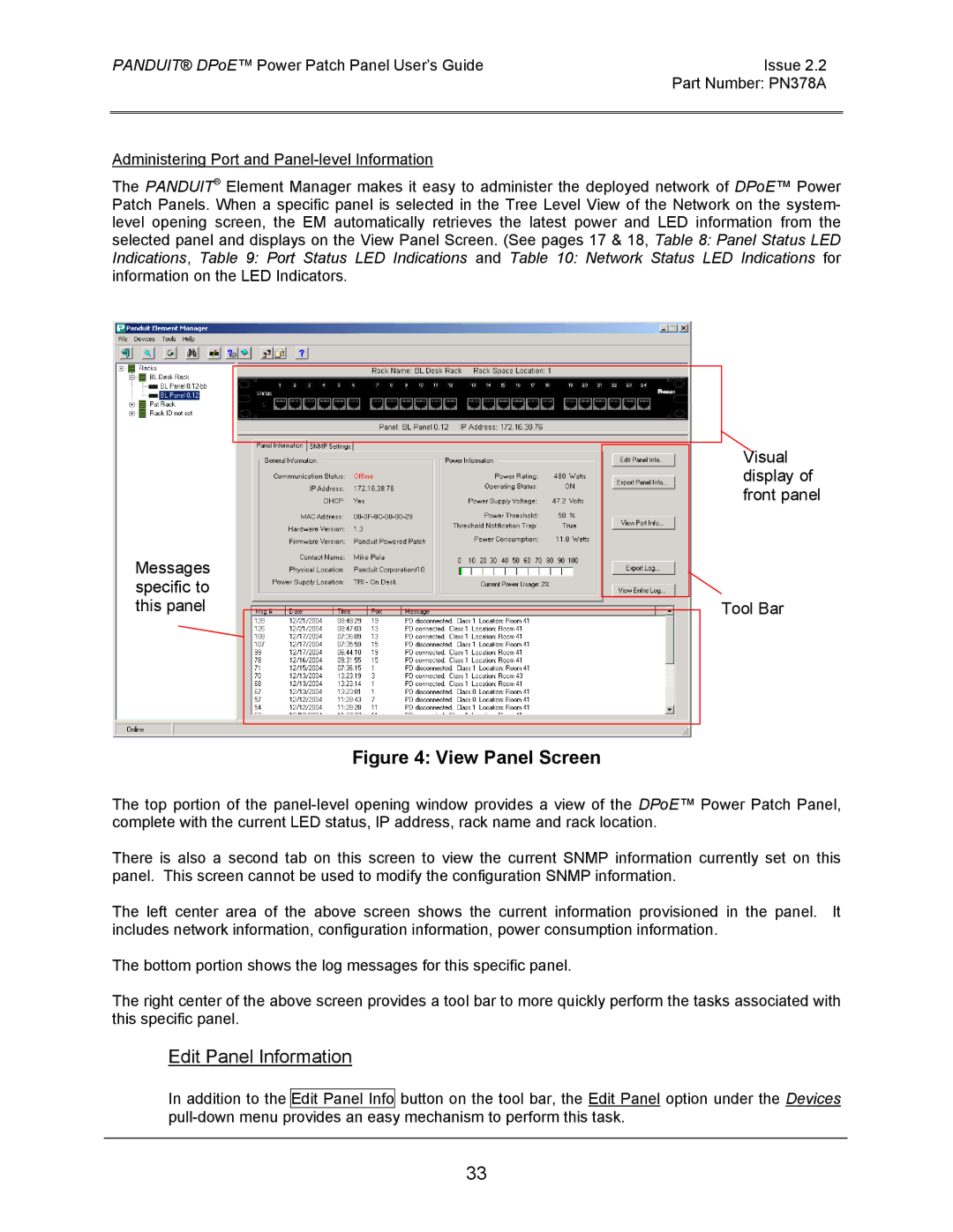 Panduit DPOE24S1XY, DPOE12U1XY, DPOE24U1XY manual View Panel Screen 