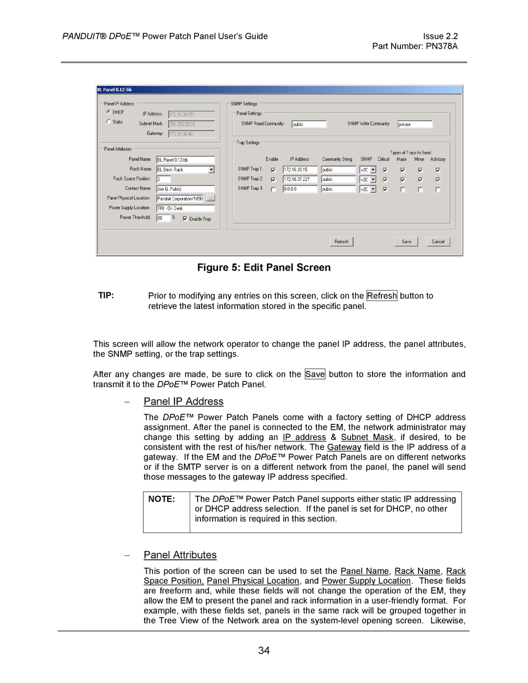 Panduit DPOE24S1XY, DPOE12U1XY, DPOE24U1XY manual Panel IP Address, Panel Attributes 