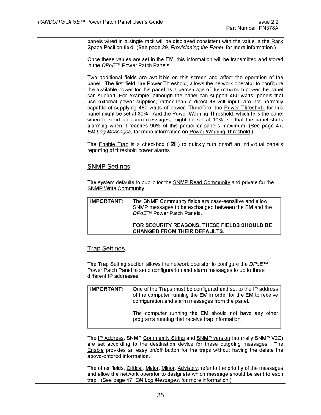 Panduit DPOE24S1XY, DPOE12U1XY, DPOE24U1XY manual Snmp Settings, Trap Settings 