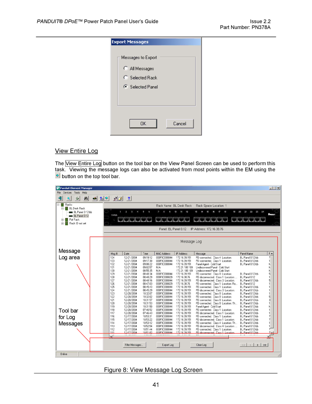 Panduit DPOE24S1XY, DPOE12U1XY, DPOE24U1XY manual View Message Log Screen 