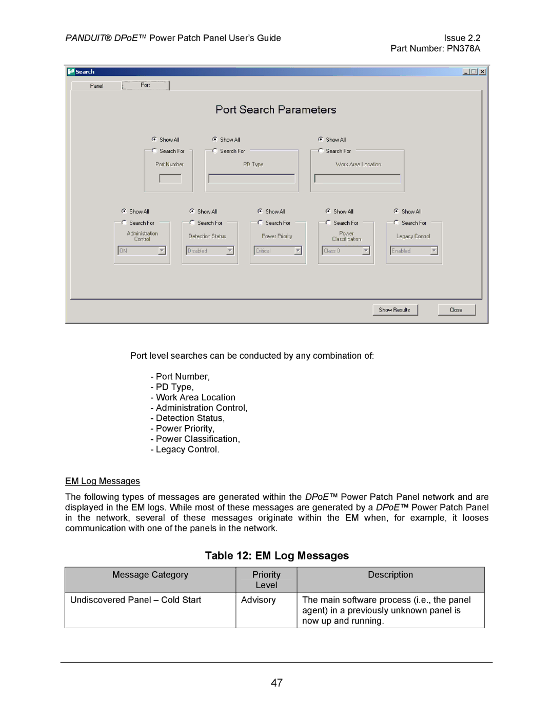 Panduit DPOE24S1XY, DPOE12U1XY, DPOE24U1XY manual EM Log Messages 