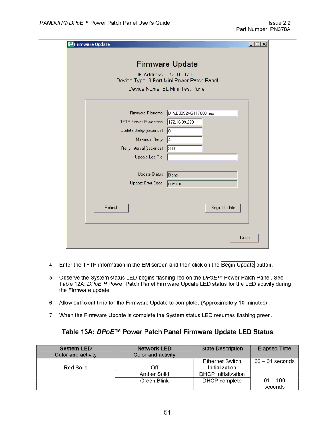 Panduit DPOE24U1X, DPOE24S1XY, DPOE12U1XY manual DPoE Power Patch Panel Firmware Update LED Status, System LED Network LED 