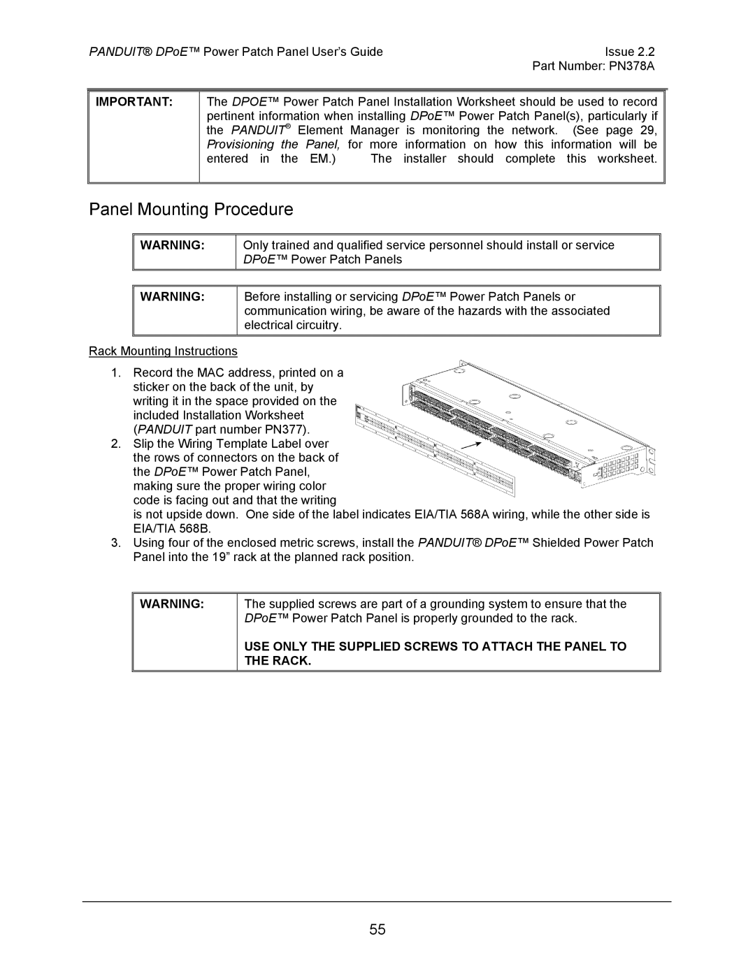 Panduit DPOE12U1XY, DPOE24S1XY, DPOE24U1XY manual Panel Mounting Procedure 