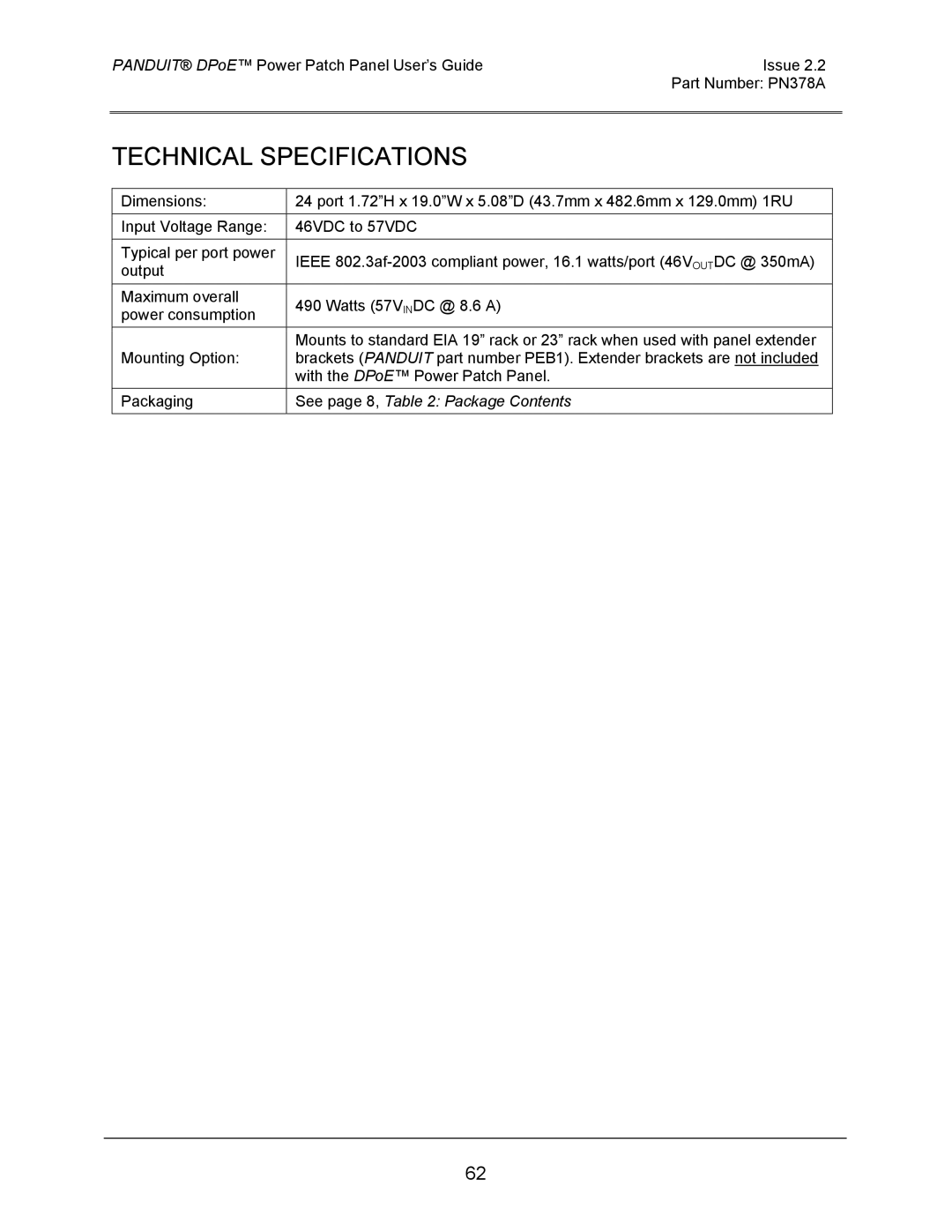 Panduit DPOE24U1XY, DPOE24S1XY, DPOE12U1XY manual Technical Specifications 