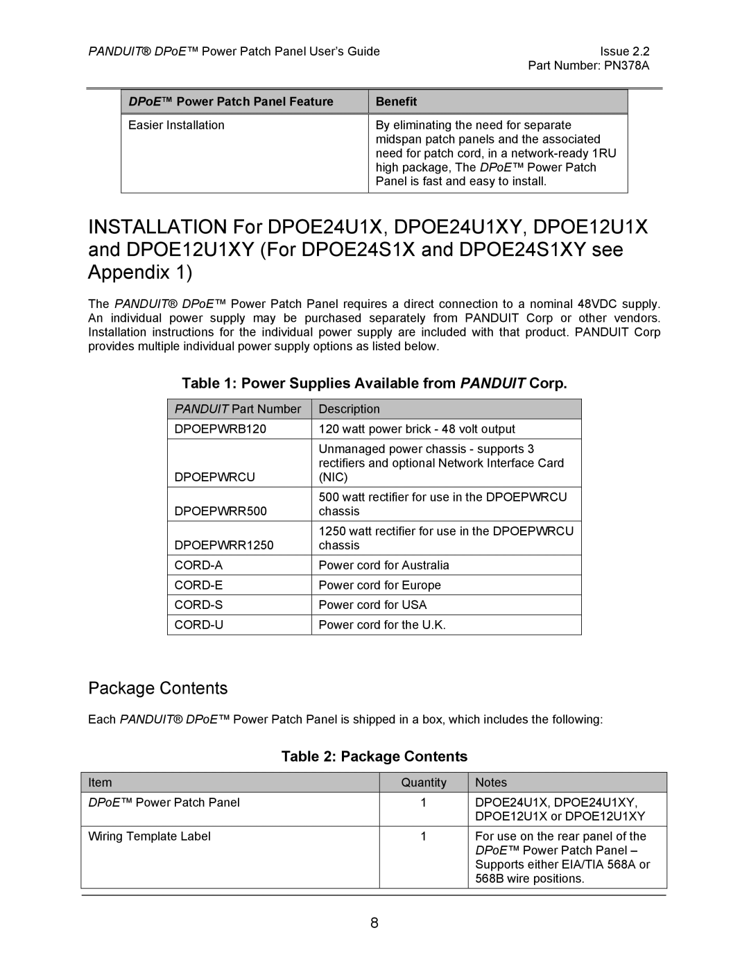 Panduit DPOE24U1XY, DPOE24S1XY, DPOE12U1XY manual Package Contents 