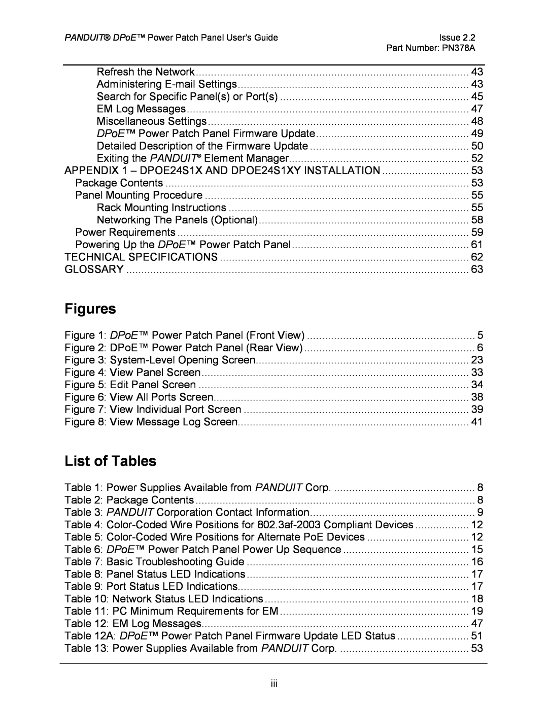 Panduit DPOE24S1XY, DPOE12U1XY, DPOE24U1XY manual Figures, List of Tables 