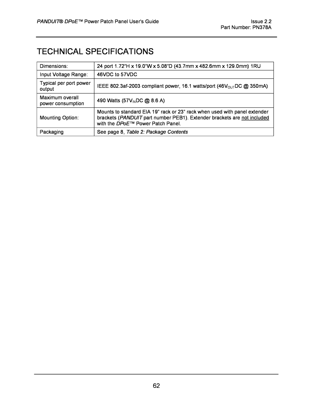 Panduit DPOE24U1XY, DPOE24S1XY, DPOE12U1XY manual Technical Specifications 