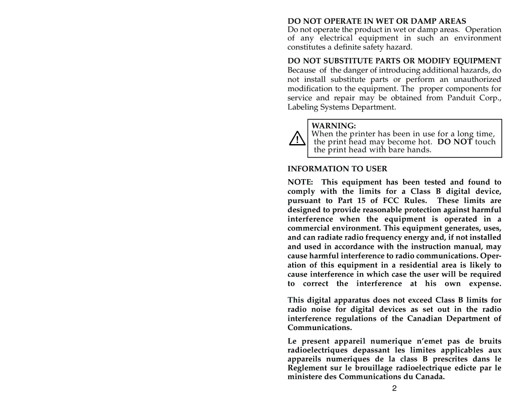 Panduit LS3E manual Do not Operate in WET or Damp Areas, Information to User 