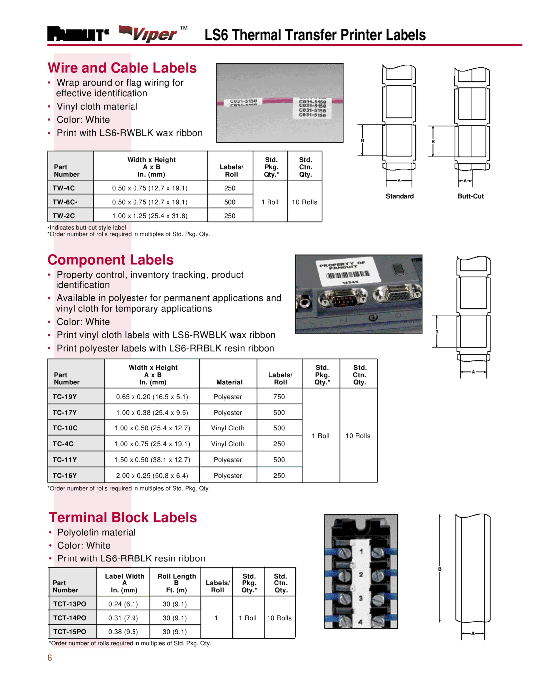 Panduit LS6 manual Wire and Cable Labels, Component Labels, Terminal Block Labels, TCT-13PO TCT-14PO, TCT-15PO 