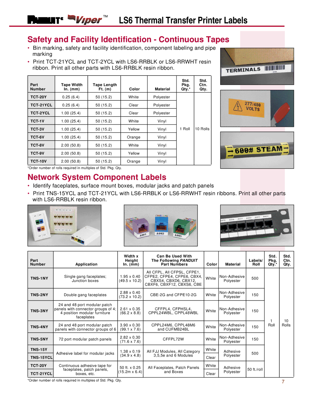 Panduit LS6 manual Safety and Facility Identification Continuous Tapes, Network System Component Labels 