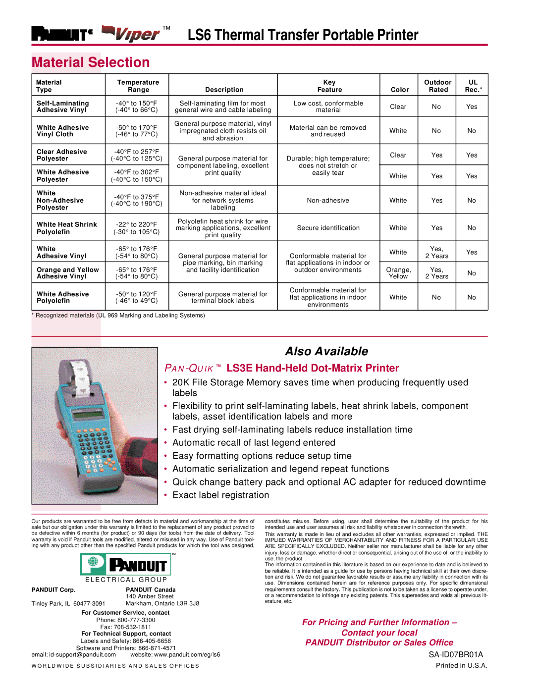 Panduit LS6 manual Material Selection, White Adhesive 