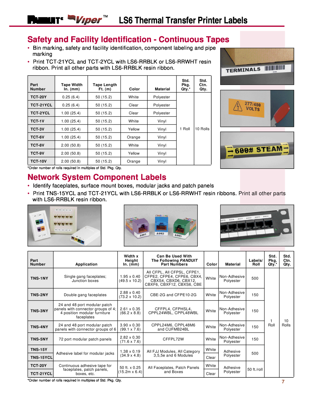 Panduit LS6 manual Safety and Facility Identification - Continuous Tapes, Network System Component Labels 